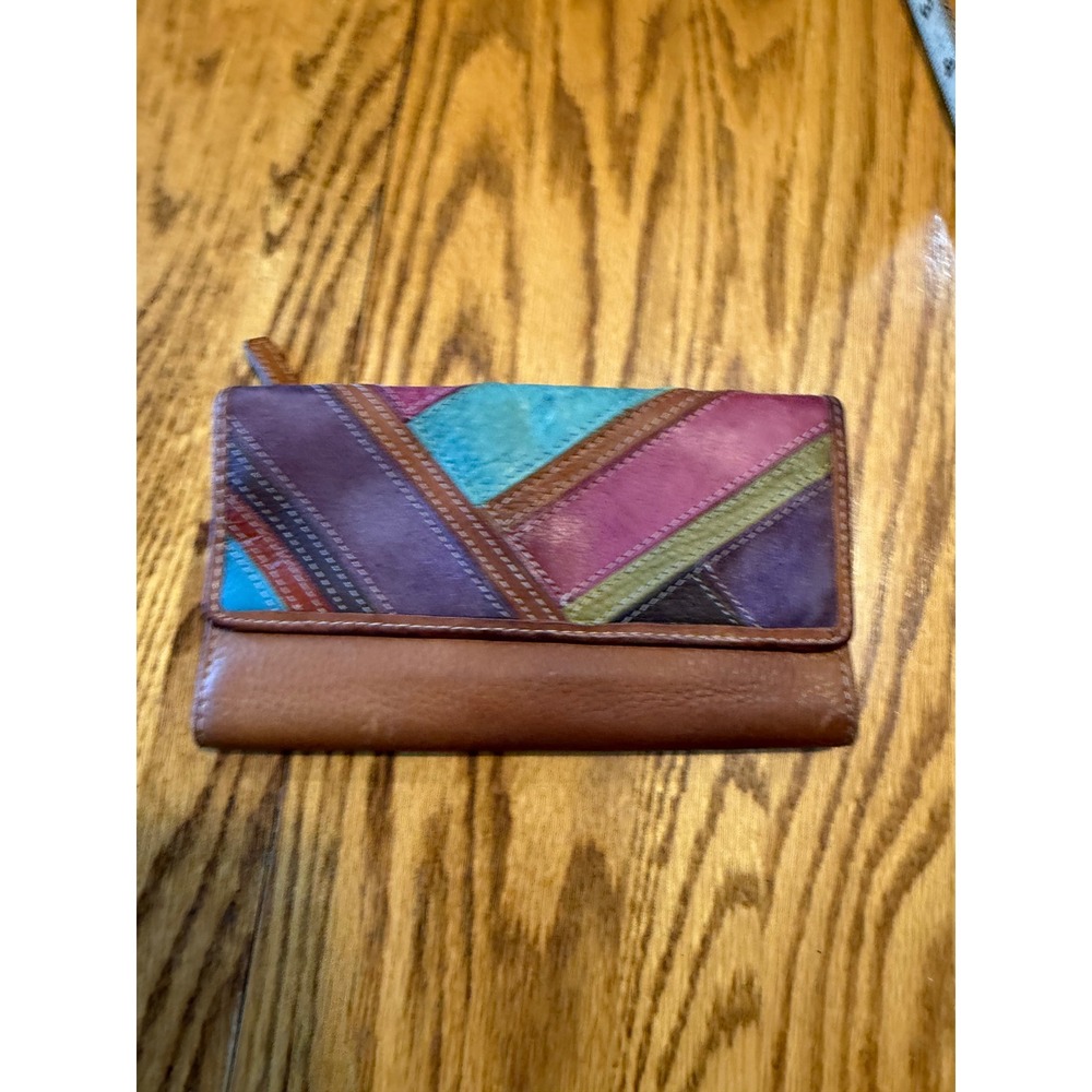 Fossil Brown Leather Patchwork Trifold Wallet Multicolor Zip Pocket